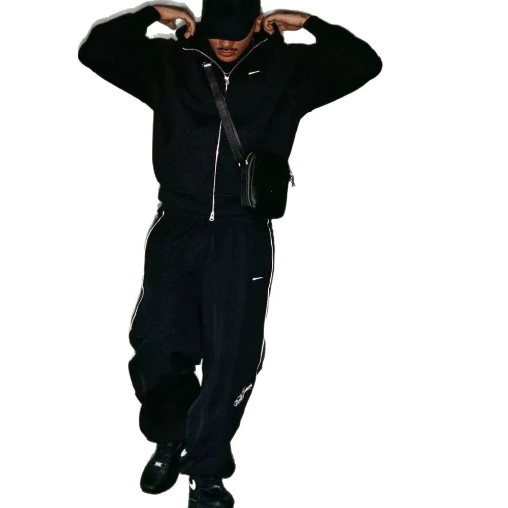 Unisex Oversized Black Hooded Sweatshirt Stripe Pants Casual Winter Outfit 100% Cotton French Terry Anti-Wrinkle Pocket