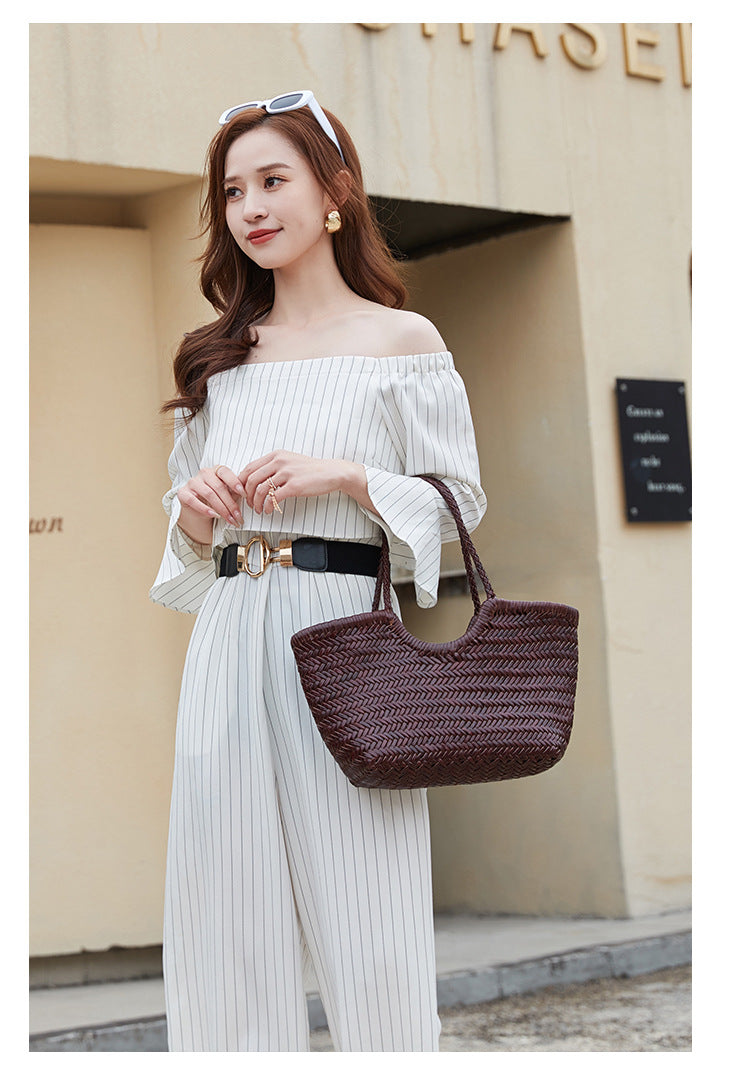 French-Style Woven Leather Tote Bag