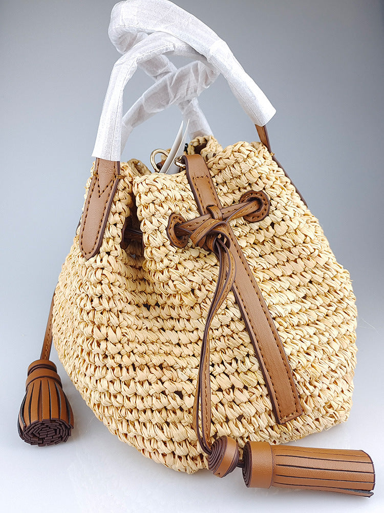 Woven Raffia Bucket Shoulder Bag