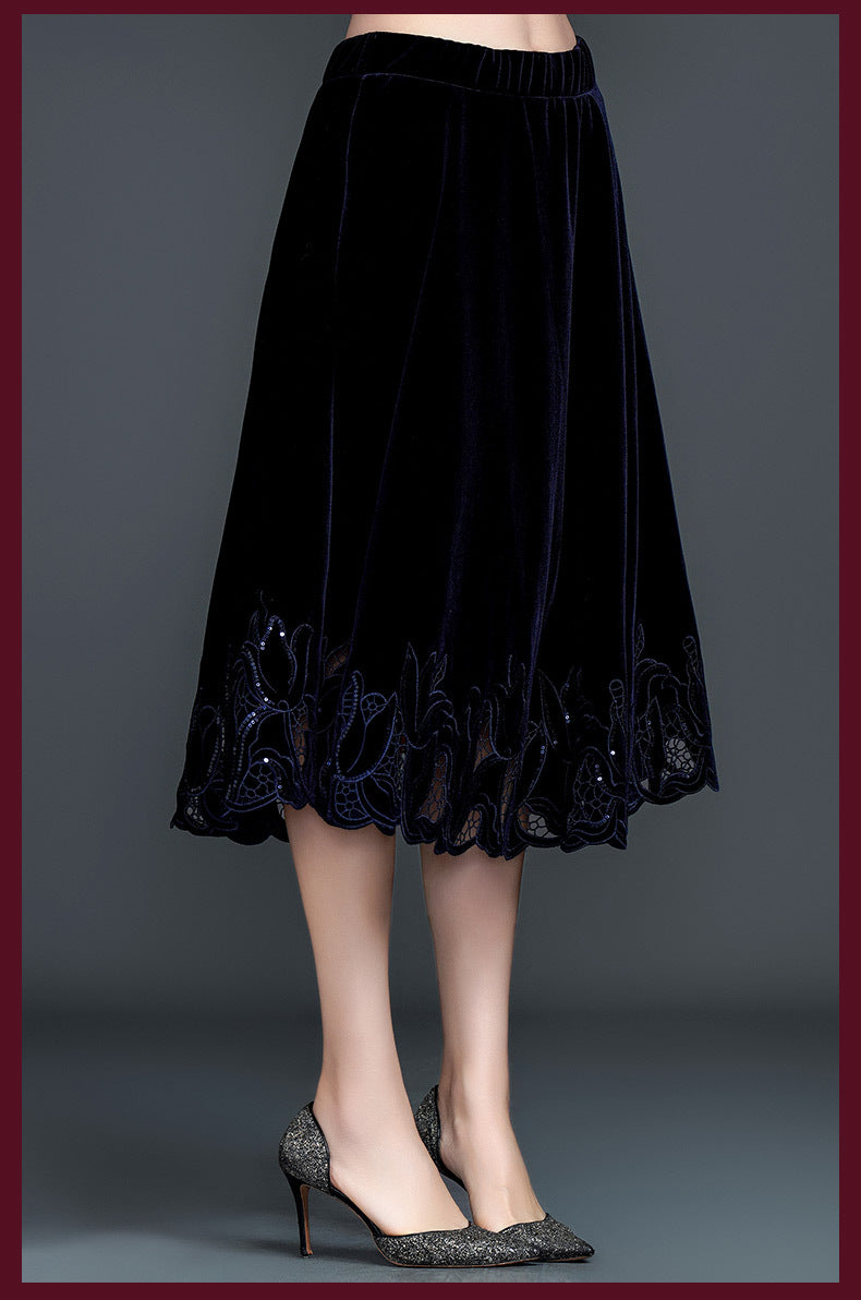Women’s Velvet Embroidered Midi Skirt