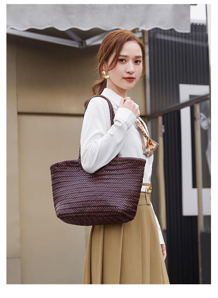 French-Style Woven Leather Tote Bag
