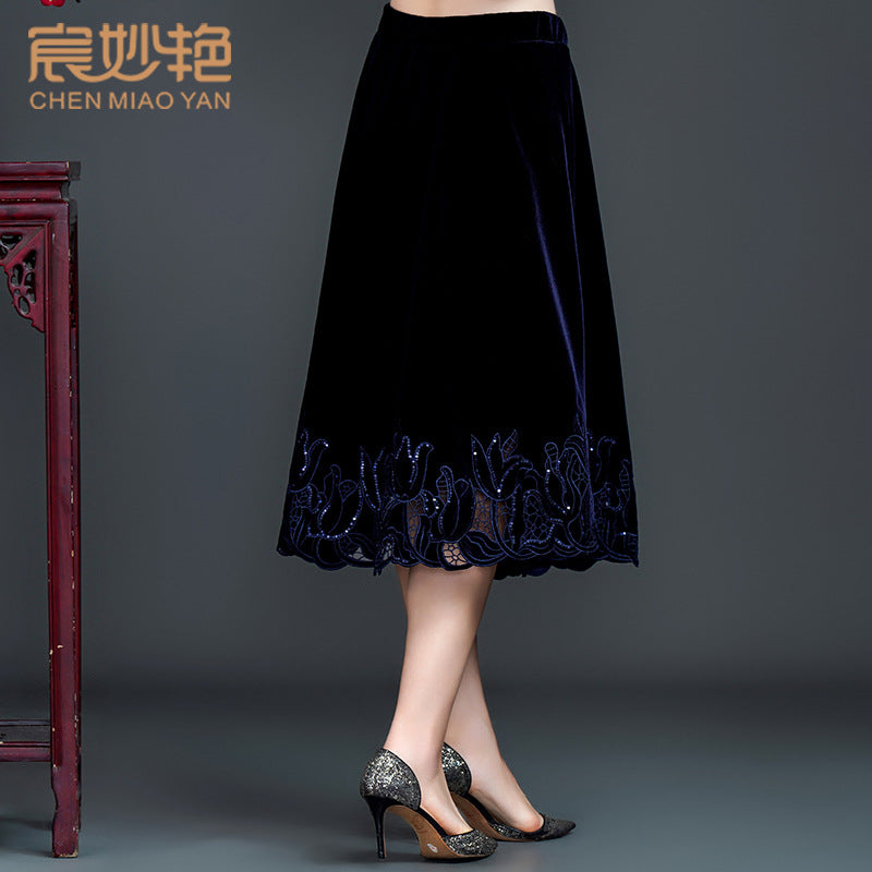 Women’s Velvet Embroidered Midi Skirt