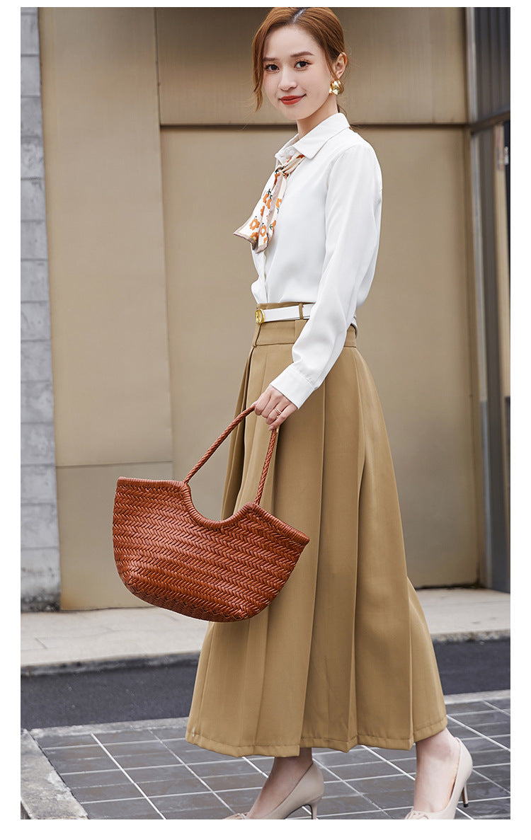 French-Style Woven Leather Tote Bag