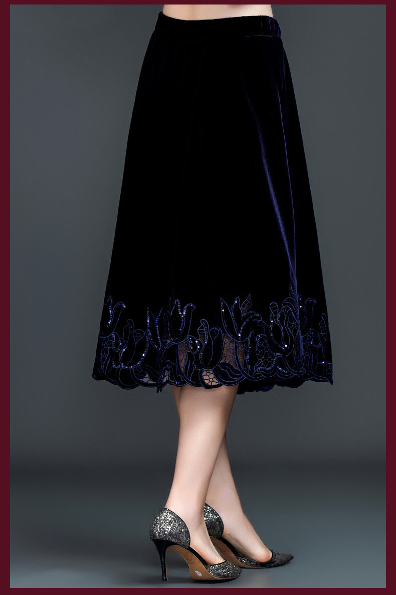 Women’s Velvet Embroidered Midi Skirt