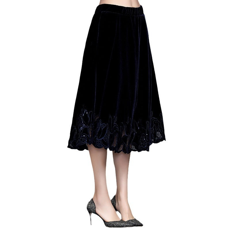 Women’s Velvet Embroidered Midi Skirt