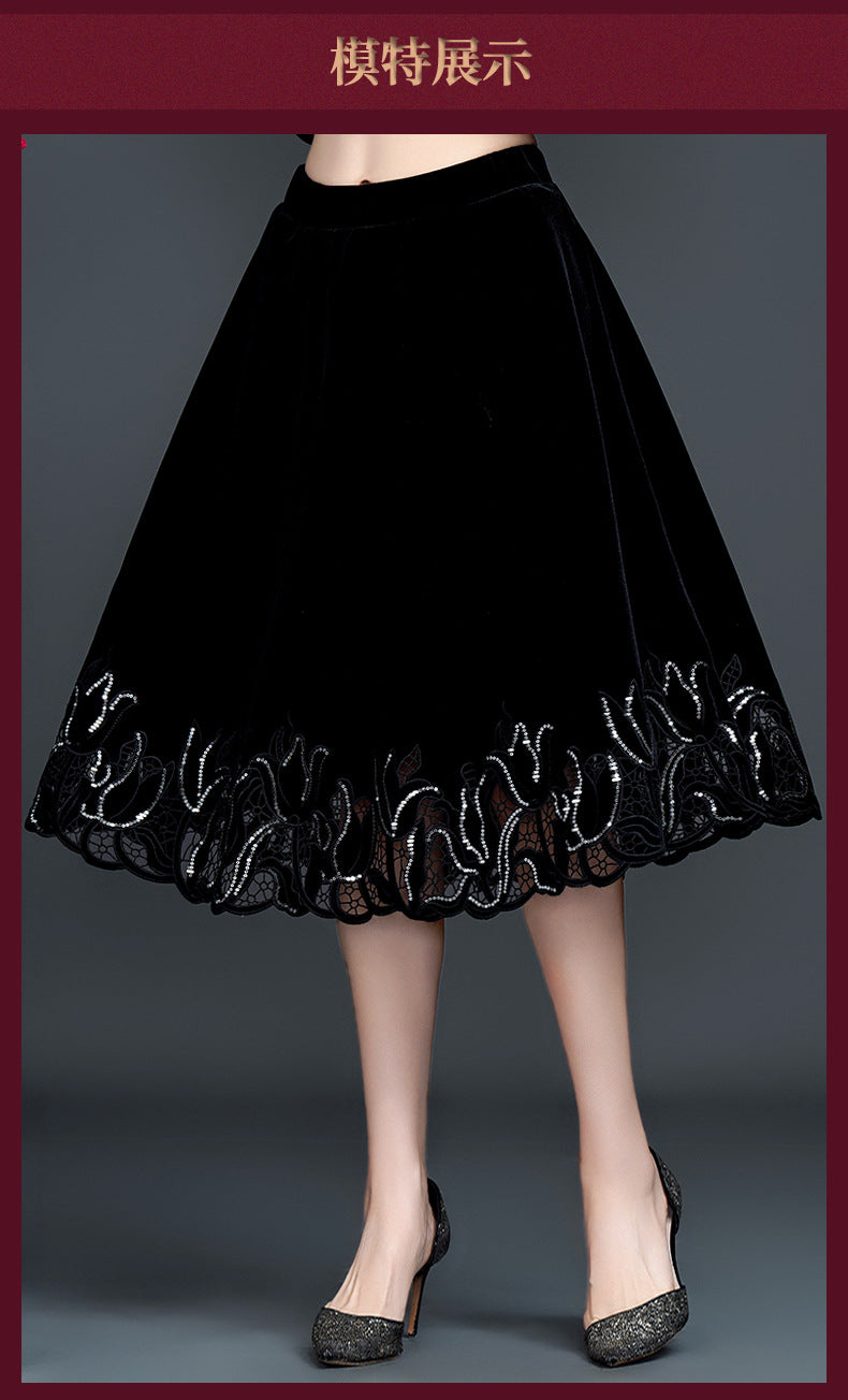 Women’s Velvet Embroidered Midi Skirt
