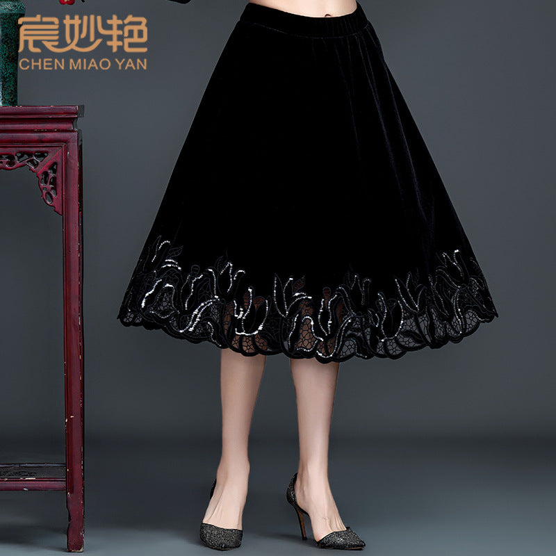 Women’s Velvet Embroidered Midi Skirt