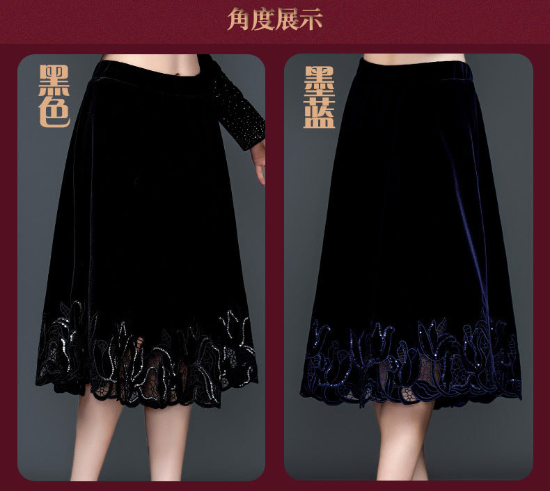 Women’s Velvet Embroidered Midi Skirt