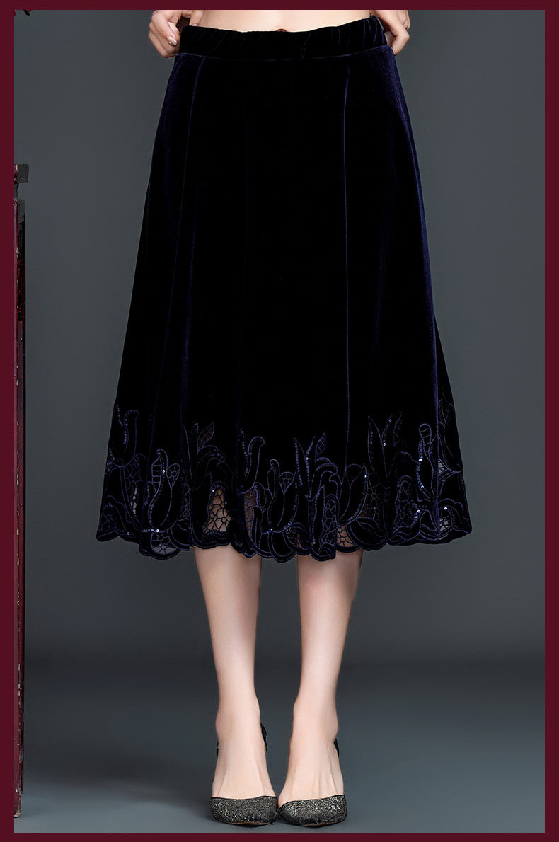 Women’s Velvet Embroidered Midi Skirt