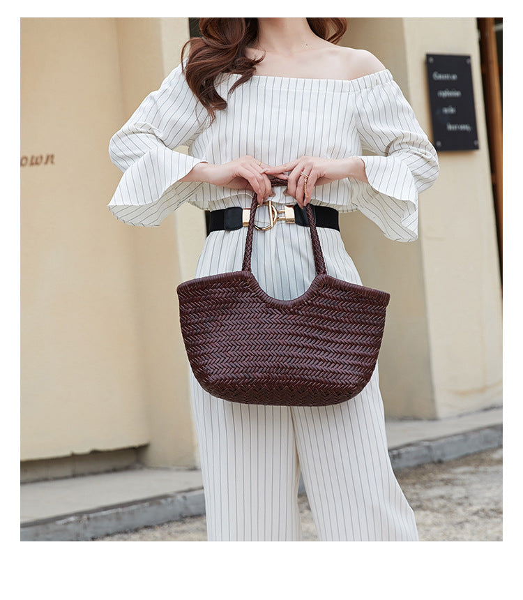 French-Style Woven Leather Tote Bag