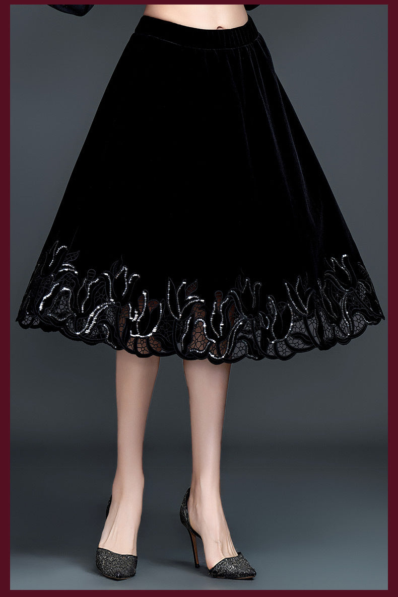 Women’s Velvet Embroidered Midi Skirt