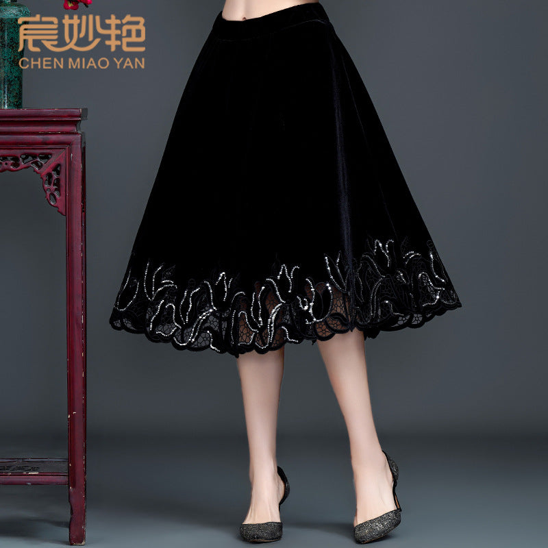 Women’s Velvet Embroidered Midi Skirt