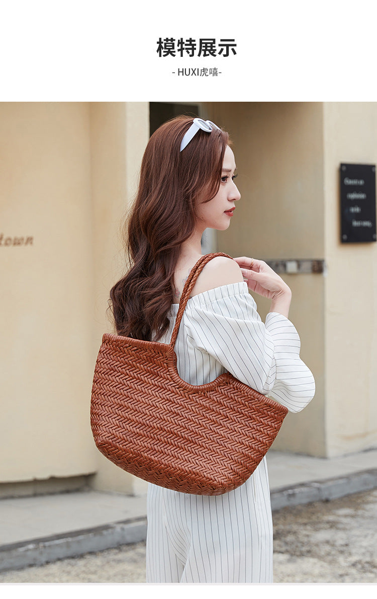 French-Style Woven Leather Tote Bag