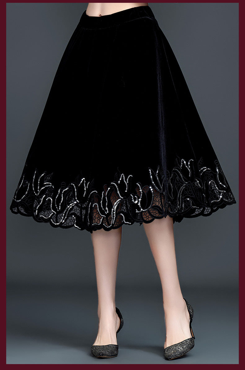 Women’s Velvet Embroidered Midi Skirt