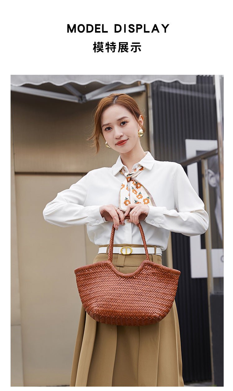 French-Style Woven Leather Tote Bag