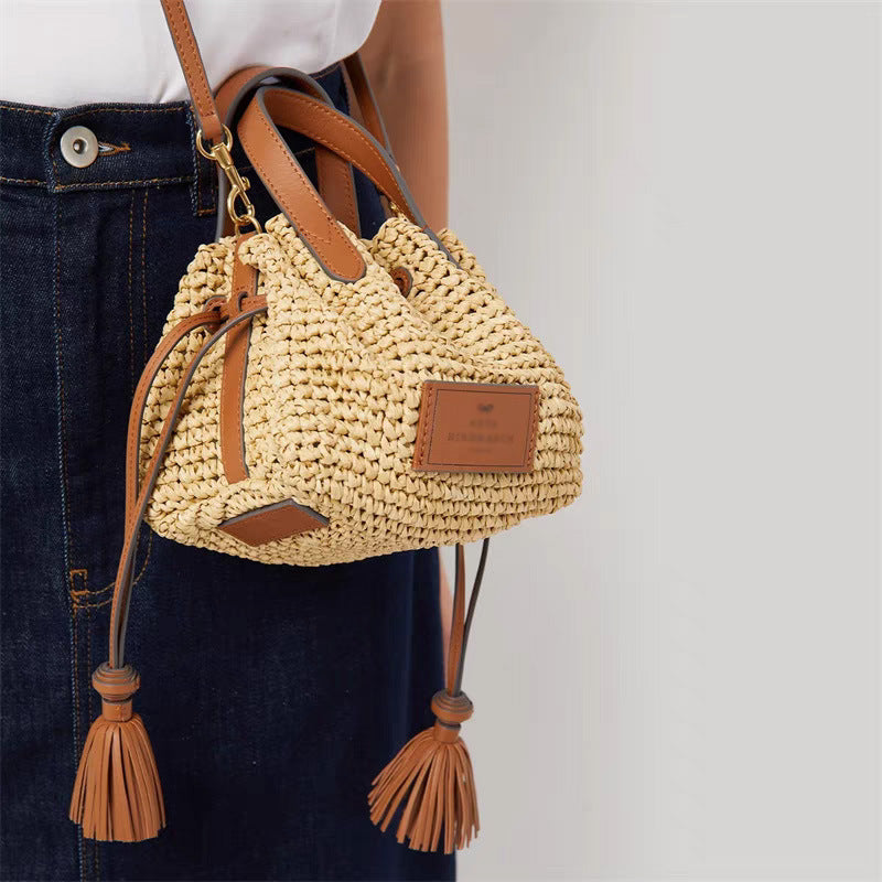 Woven Raffia Bucket Shoulder Bag