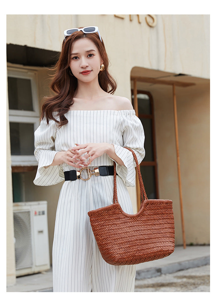 French-Style Woven Leather Tote Bag