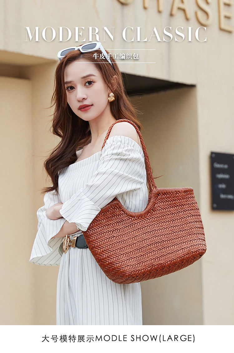 French-Style Woven Leather Tote Bag