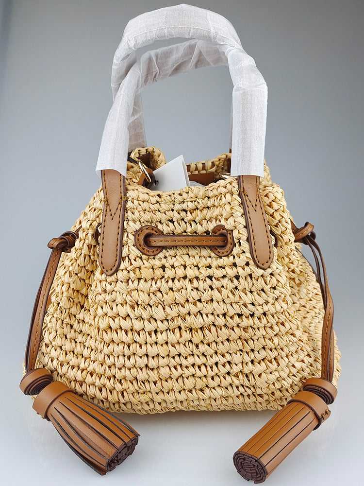 Woven Raffia Bucket Shoulder Bag