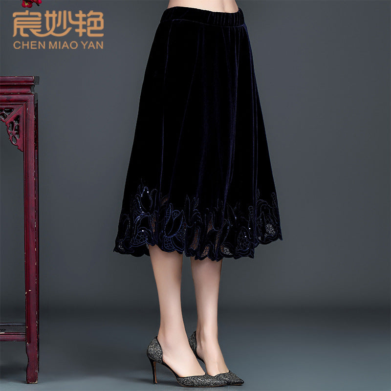 Women’s Velvet Embroidered Midi Skirt