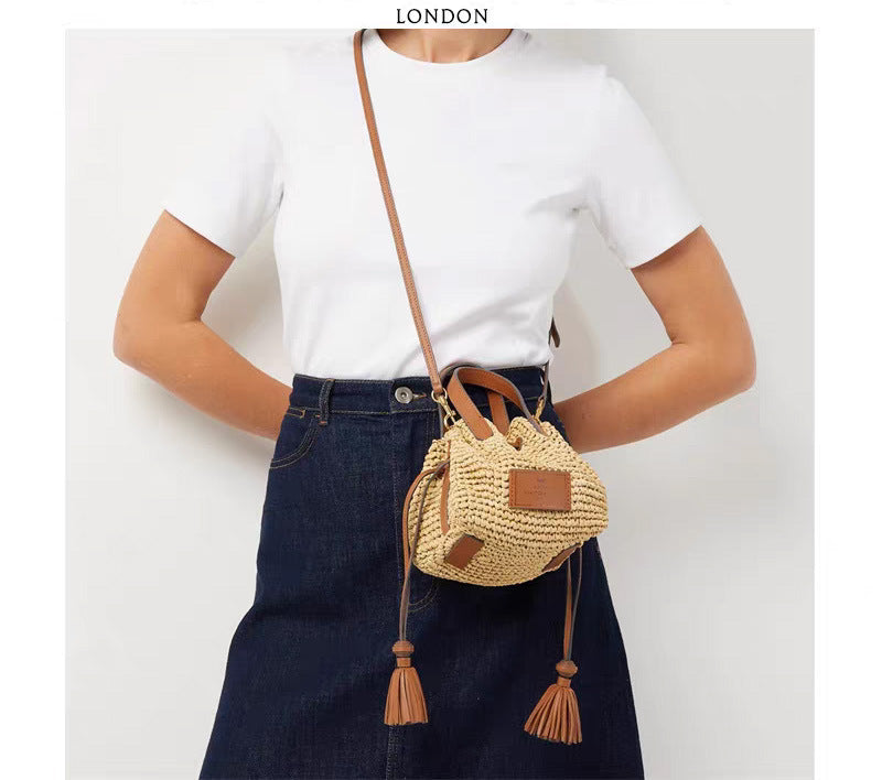 Woven Raffia Bucket Shoulder Bag