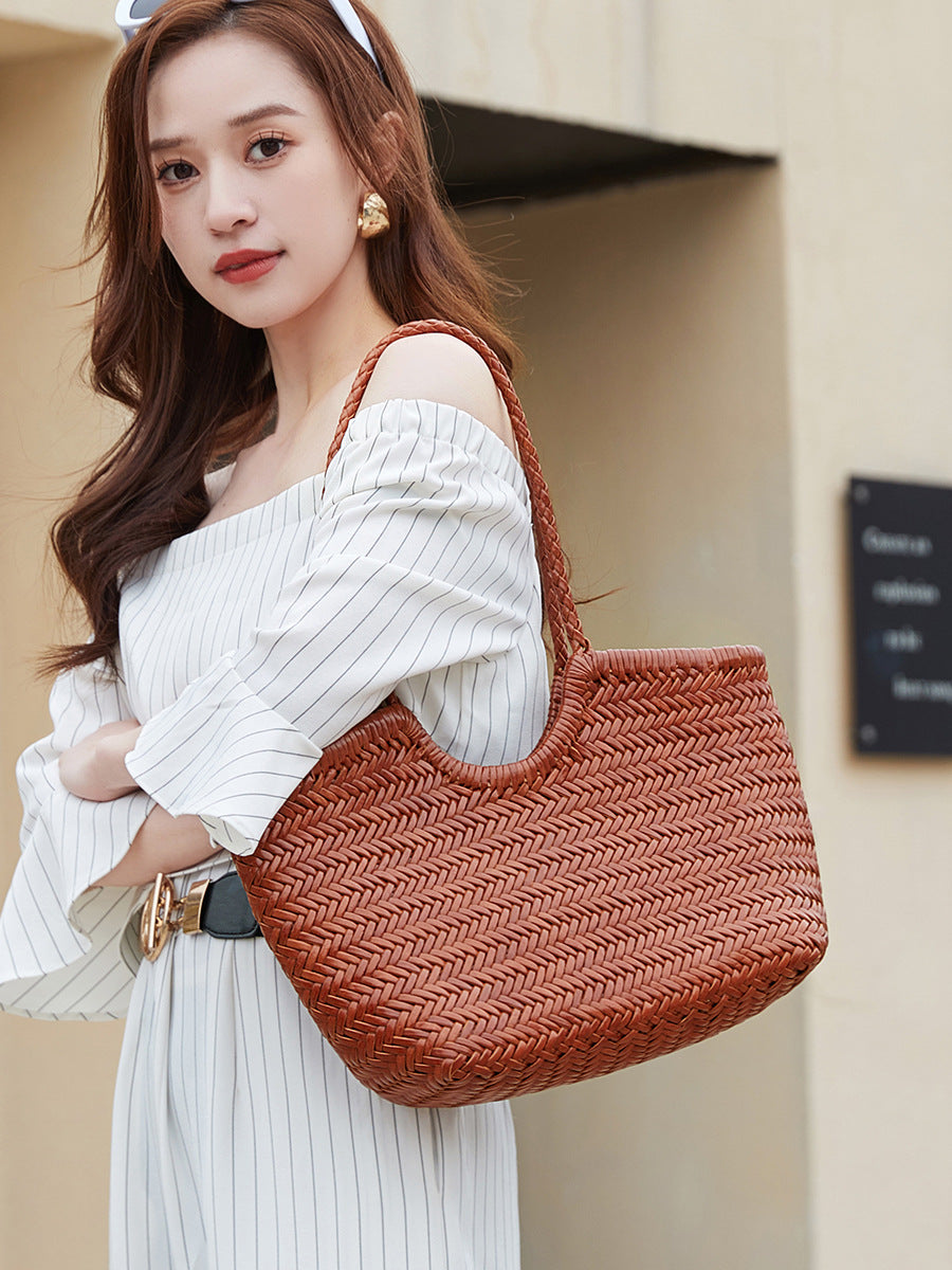 French-Style Woven Leather Tote Bag